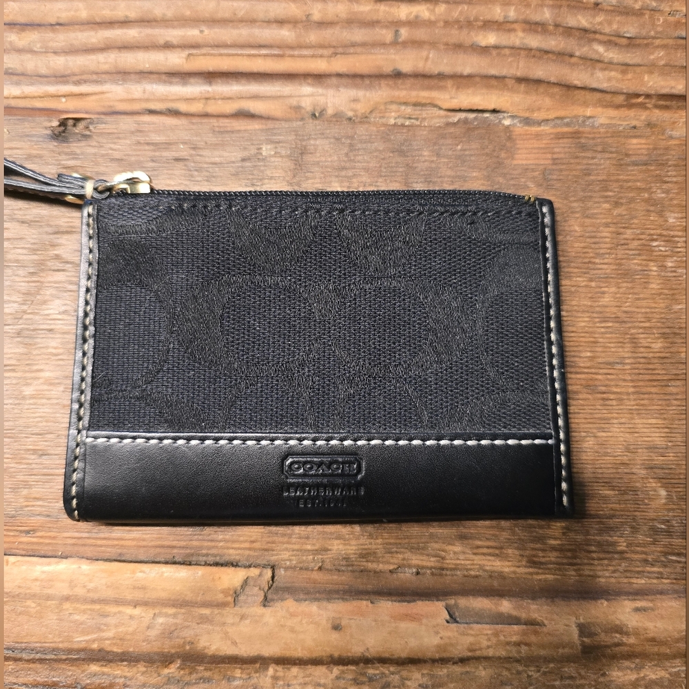 Coach Black Leather and Canvas Card Zip Wallet With Key Chain